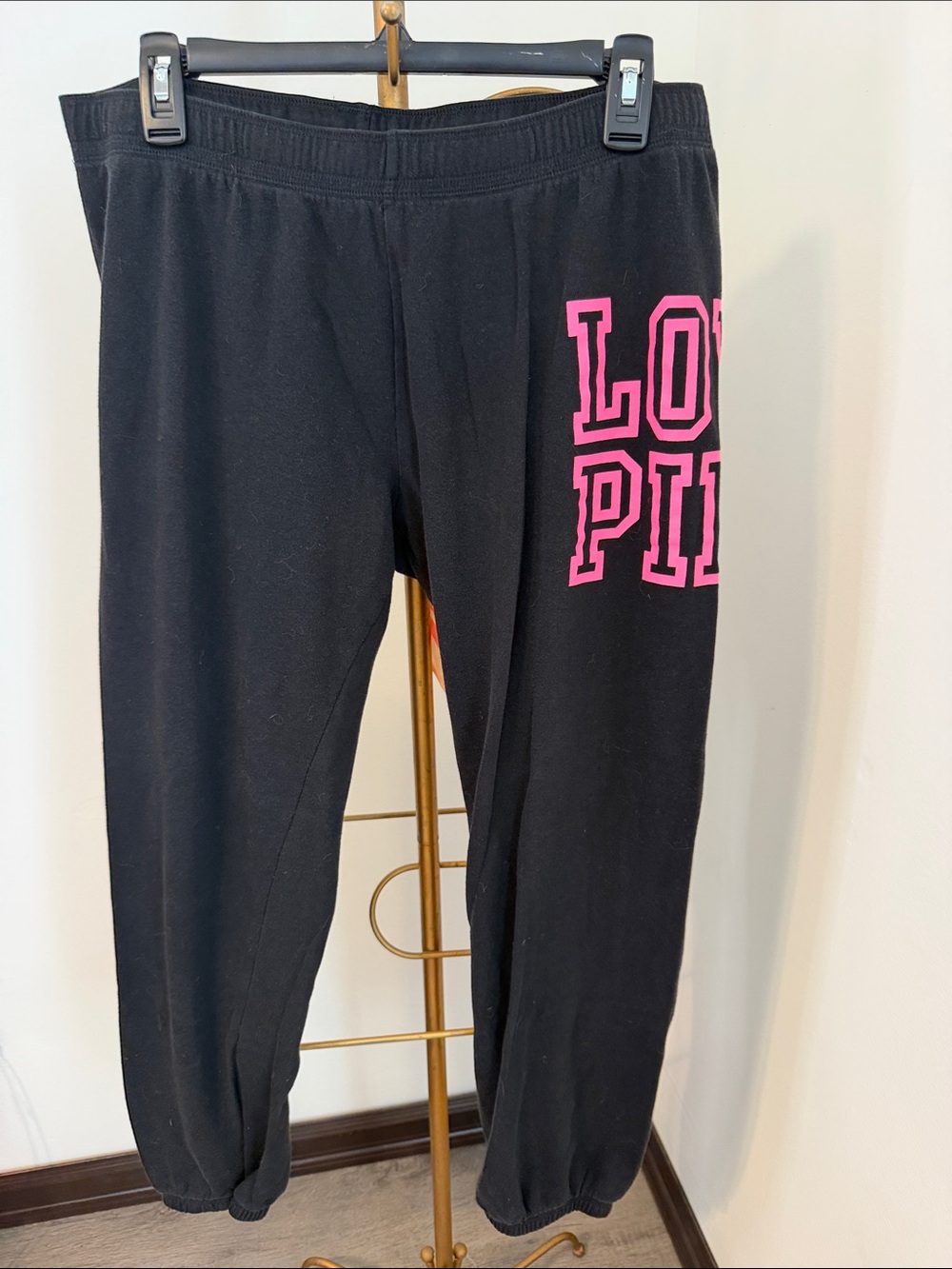 Victoria's Secret Black Sweatpants with Pink 'LOVE PINK' Graphic
